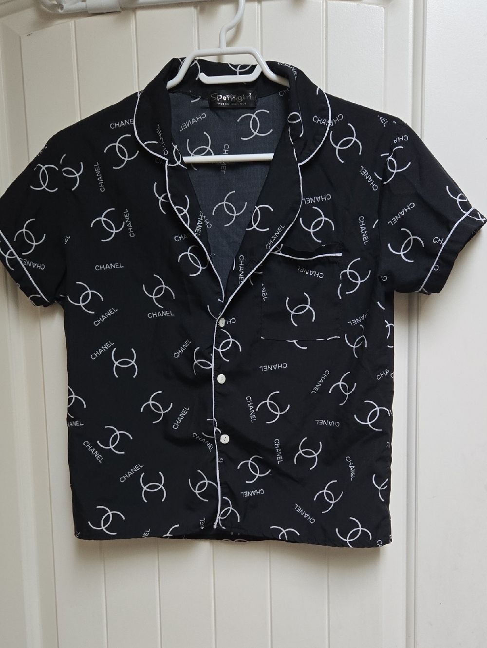 Black Short-Sleeve Button Down Shirt Blouse with White Logo Print